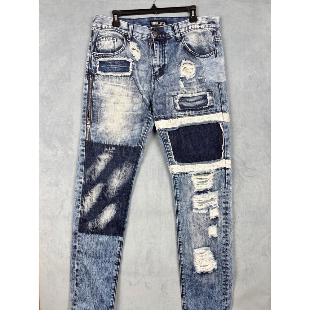 Embellish NYC Distressed Patchwork Jeans Mens 34 Light Acid Wash Streetwear Zip